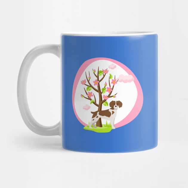 Brittany Spaniel Dog with Spring Blossom Tree by Seasonal Dogs